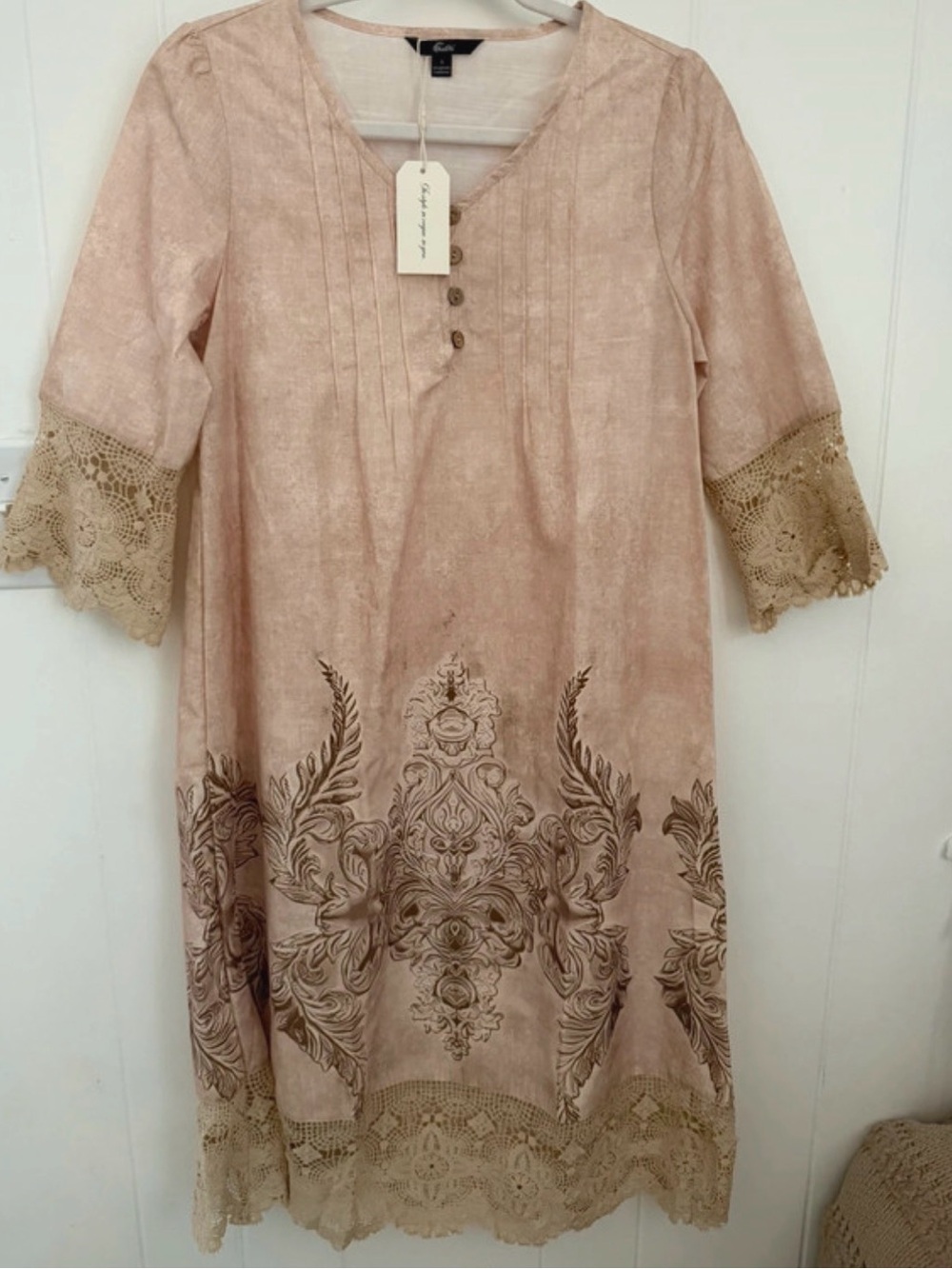 NWT ShallWe Blush Pink Boho Linen Tunic Dress Crochet Lace